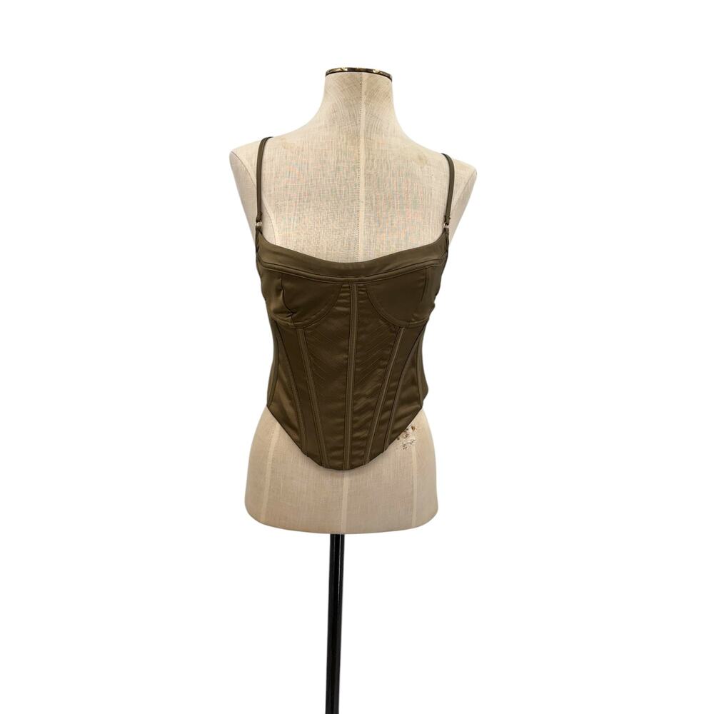 White Fox Olive Green Satin Corset Bustier Cami Top Adjustable Strap Size XS